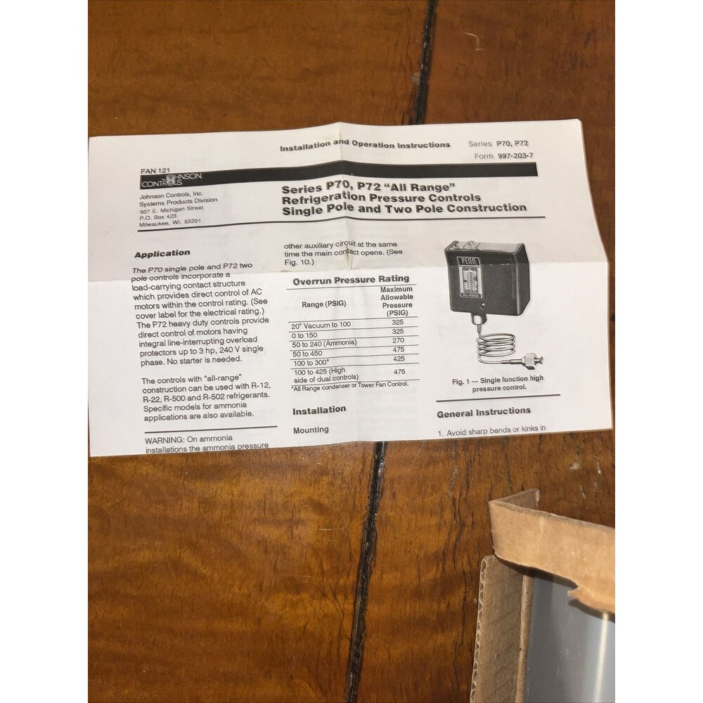 Johnson Controls P70-P72 "ALL RANGE" Refrigeration Pressure Control single - Picture 4 of 8